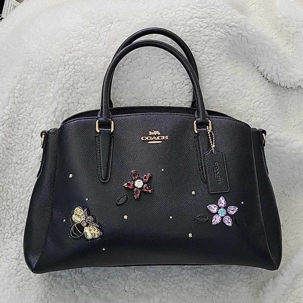 Coach Carryall Bag Black Pebble leather with embroidery Bee and Crystal Flowers - Picture 1 of 7